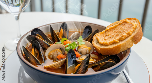 Steaming bowl of seafood bouillabaisse soup vector image with fresh mussels clams vegetables and a slice of bread spread with rouille