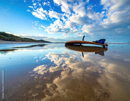 Surfboard rests on reflective beach with cloudy sky overhead