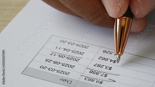 Pen pointing at expense table on financial paperwork, showing invoice checking, payment schedule, bookkeeping accuracy, office administration, budget control, and audit preparation.