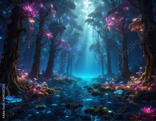A magical, glowing forest with bioluminescent flora and a water reflection