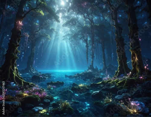 Forest scene with luminescent water and vibrant, glowing ethereal light