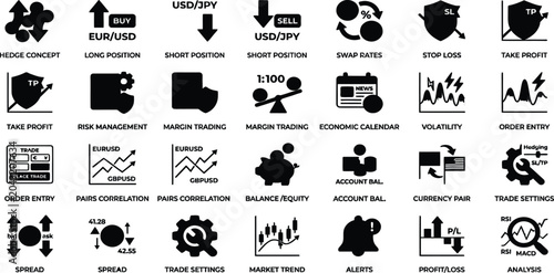 Foto Vector icon set of forex trading strategies market analysis and financial risk m