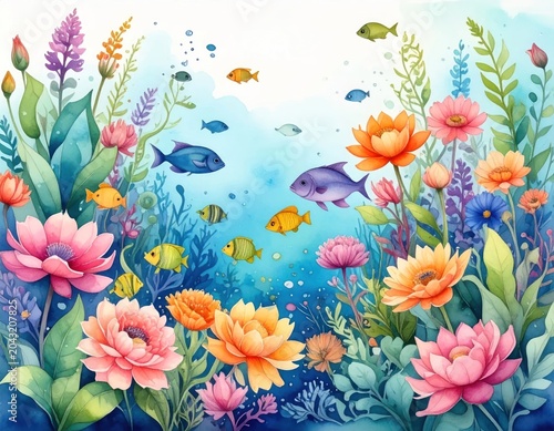 Watercolor scene of vibrant flowers, plants, and fish in an ethereal underwater setting