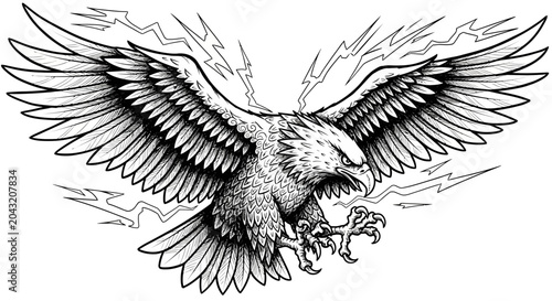 Fotografi Aggressive Eagle with Lightning Wings - Black and White Tattoo Design