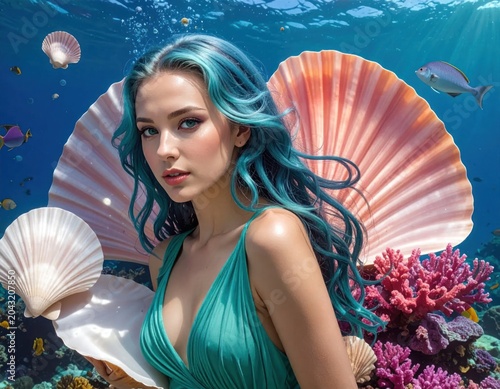 Woman with blue hair underwater amid seashells and coral