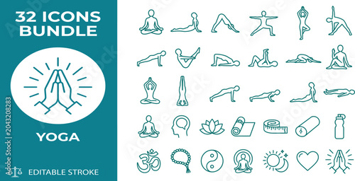 Fotografía Yoga icons bundle with 32 editable stroke illustrations for mindfulness and well