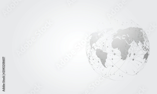 Abstract global network connection technology background grey world map globe vector digital data communication banner with copy space
