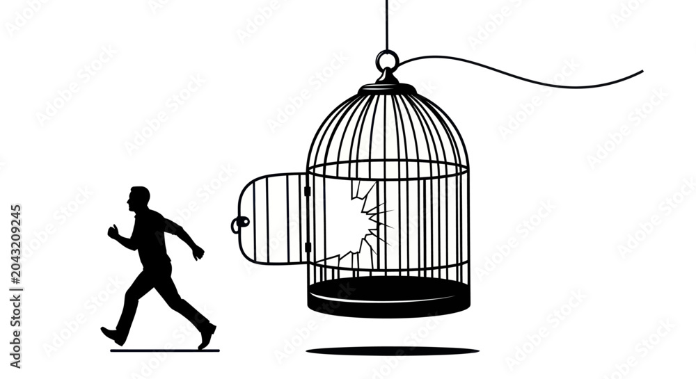 Photography Man Escaping Broken Birdcage Vector Illustration