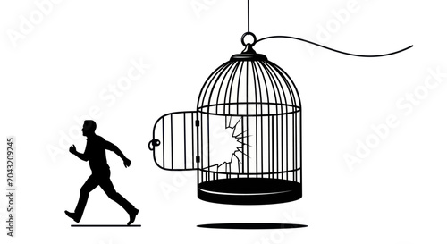 Fotografie Man Escaping Broken Birdcage Vector Illustration