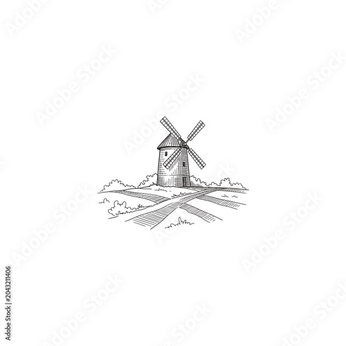 Stone Windmill Fields Line Art Sketch