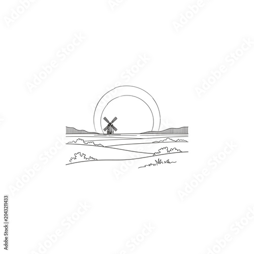 Windmill Landscape Sun Line Art Sketch