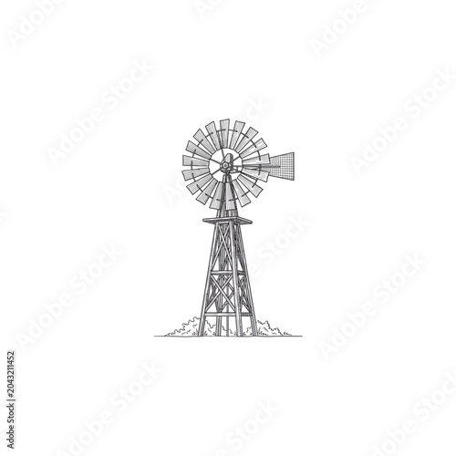 Multi Blade Farm Windmill Line Art Sketch