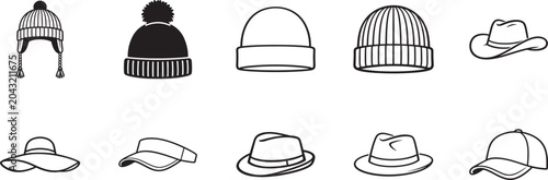 Tableau sur toile Hats doodle illustration set with vintage fedora, beanie, bowler and stylish headwear icons