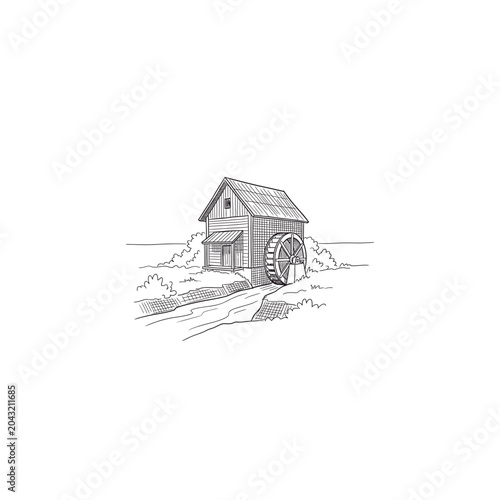 Stream Watermill Landscape Line Art Sketch