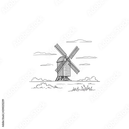Post Mill Cloud Landscape Line Art