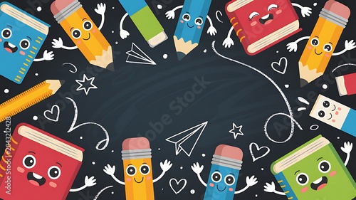 Cute cartoon books and pencils with happy faces scattered on a blackboard background