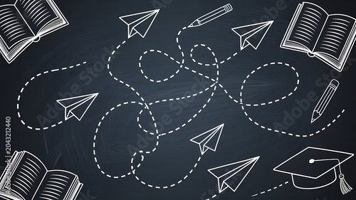 Dashed lines connect paper airplanes books pencils and graduation cap illustration on a chalkboard