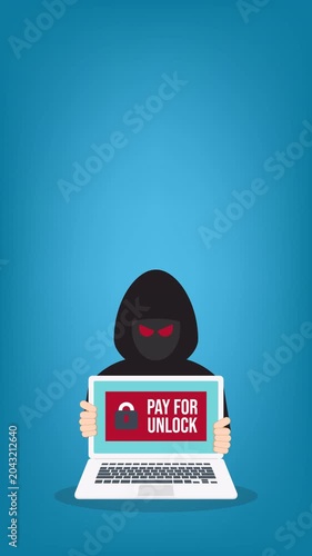 Ransomware Cyber Attack Concept – Hacker Demanding Payment to Unlock Laptop, Malware Cybercrime, Data Encryption Extortion, Cybersecurity Threat	