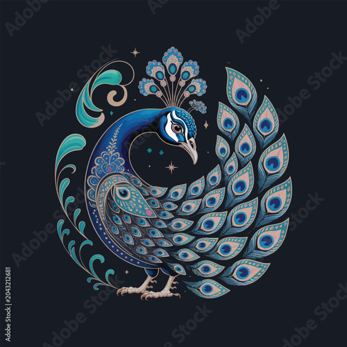 Decorative peacock with floral Easter patterns on an abstract blue vector background