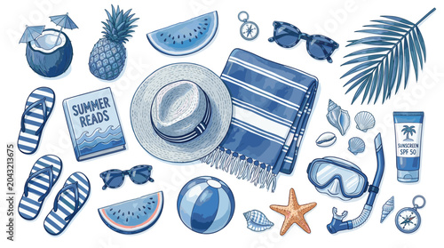 Billede på lærred Blue watercolor summer beach icons set, tropical vacation travel elements vector