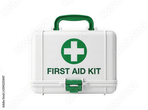 Green and white first aid kit with red cross symbol isolated on transparent background