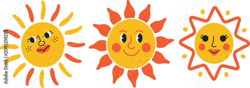 Cute sun characters collection with funny smiling faces, retro hand drawn sunshine vector icon set