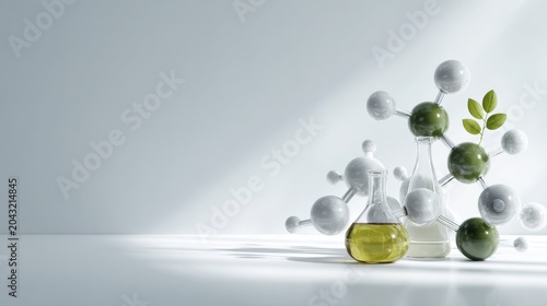 A science experiment with molecular models and laboratory glassware. Green spheres represent atoms in a molecular structure, with a small green leaf adding a touch of nature.