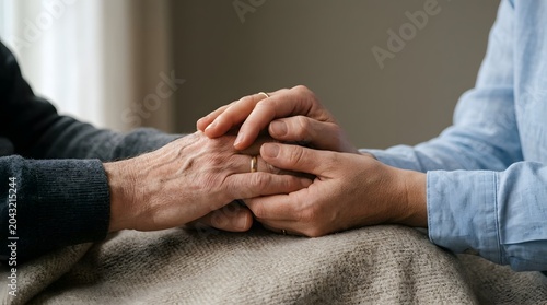 Supportive hands of elderly woman and man resting together