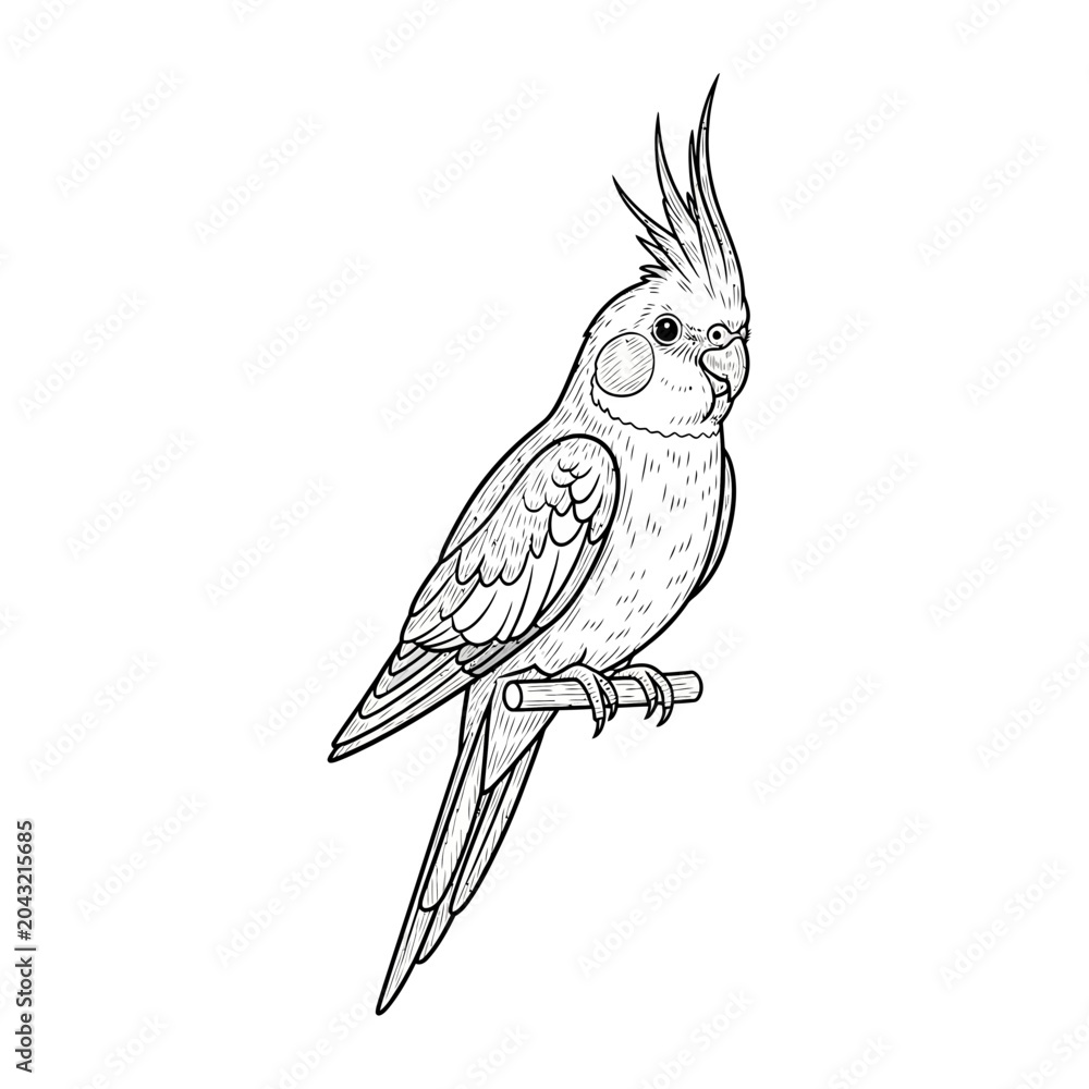 Fototapeta premium Cockatiel Parrot Line Art Drawing - Isolated on White Background