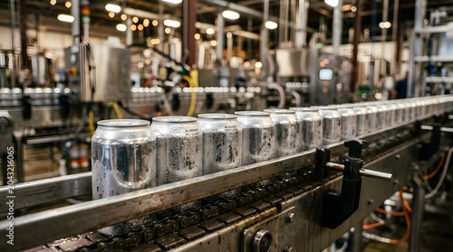 Aluminum beverage cans moving along a high speed production line in a modern brewery plant