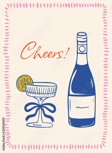 Poster with a glass and a bow and a bottle of wine with the words Cheers in the style of La Dolce Vita. Vector hand drawn design.