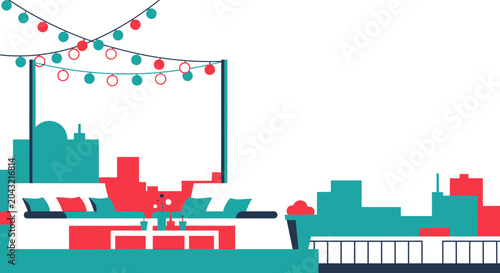Fotografie Rooftop Party Celebration Cityscape with String Lights and Seating