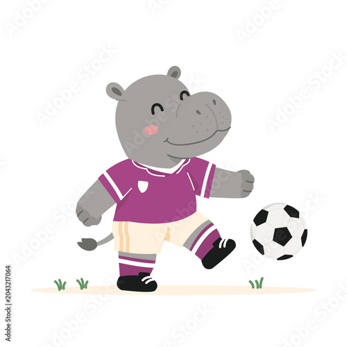 Εκτύπωση καμβά Cute hippopotamus Soccer Player Cartoon Character Running with Football Ball