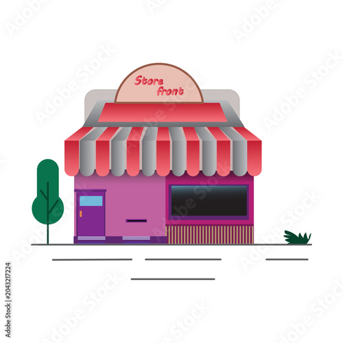 Pink street shop icon with a striped red and white awning, Vector illustration design
