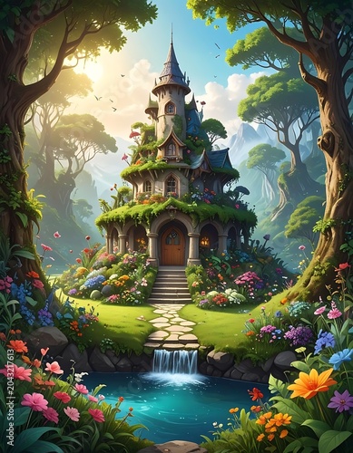 Fantasy house in the forest with waterfall.