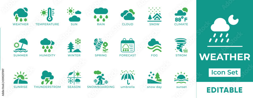 Fototapeta premium Weather Forecast Season Climate Tornado Lightning Blizzard Temperature Meteorology Fahrenheit Vector Icon Set