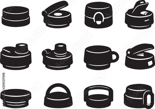 Foto Black silhouette thermos lid collection with simple reusable drinkware accessory vector icons set