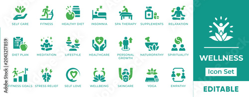 Foto Wellness Self Care Mental Health Mindfulness Fitness Yoga Spa Vector Icon Set