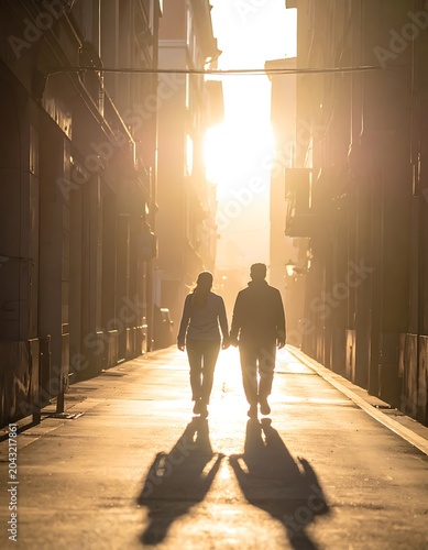 Two men walking down a city alleyway.