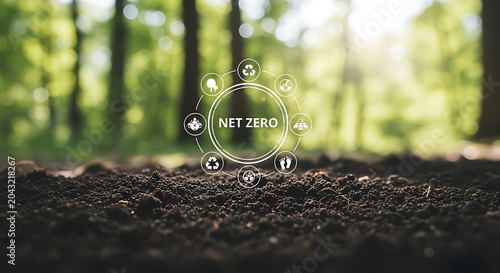 Net zero emission hologram floating over fertile soil in forest environment