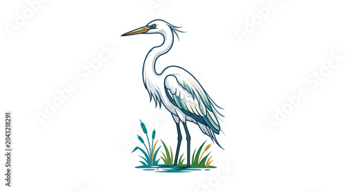Elegant White Egret Standing in Reeds by Water
