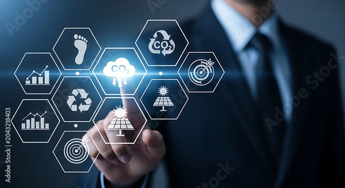 Businessman interacting with digital sustainability and carbon neutral interface