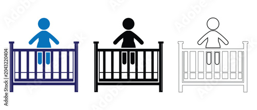 Tableau sur toile Collection of baby cribs with figures in blue, black, and outline vector illustration
