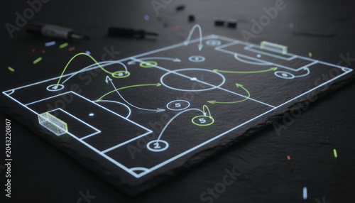 Football soccer tactic tactical board chalk line strategy Minimalist football tactical board with glowing chalk line diagram dark surface, coaching strategy planning concept, modern sports
