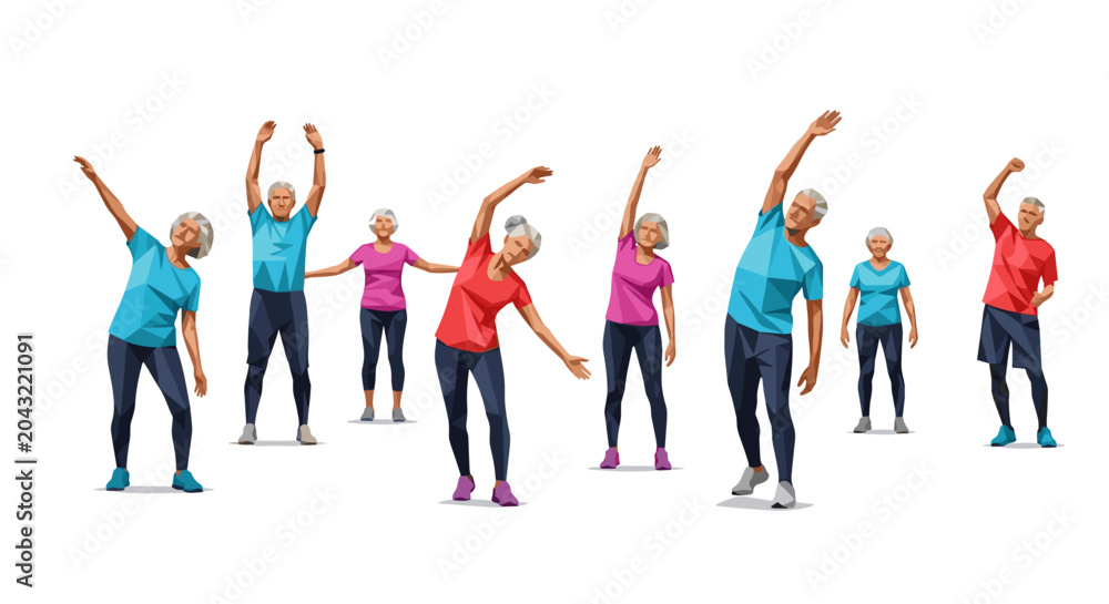 Obraz premium Seniors energetically doing group fitness exercises, stretching in vibrant sportswear, set against a clean white background, showcasing active aging