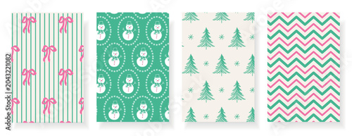 Set of four seamless Christmas patterns with snowflakes, snowmen, trees, branches and bows in teal, pink and cream. Cute festive vector background for wrapping paper, fabric, cards and holiday decor.