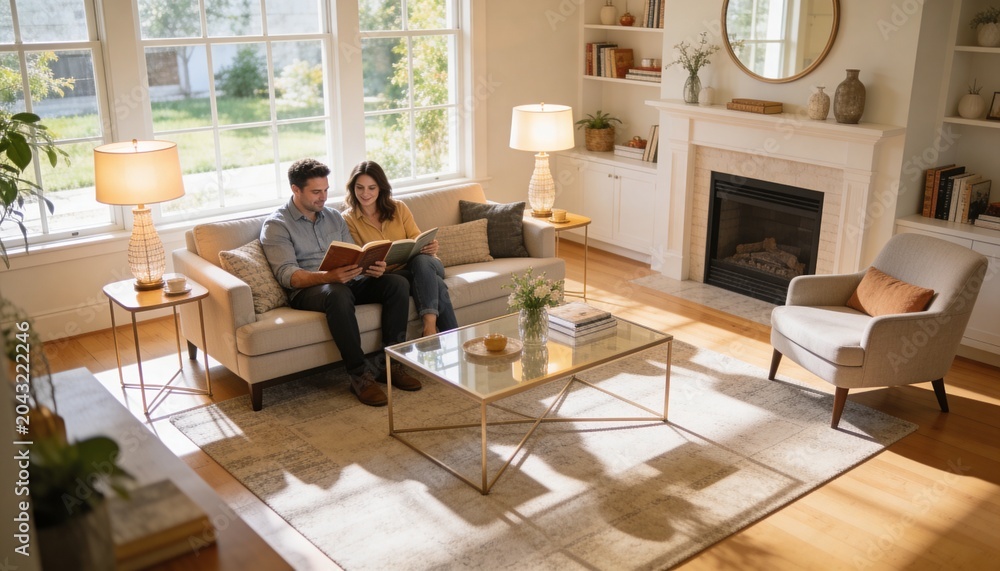 Naklejka premium Reading couple wearing mustard sweater, light shirt, sitting on sofa at home holding hardcover book
