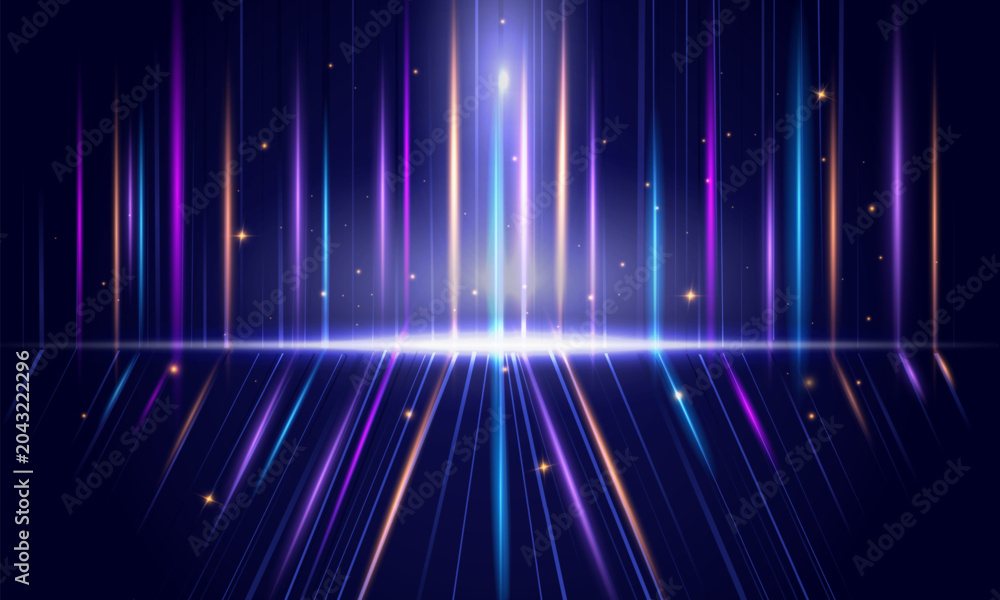 Αυτοκόλλητο Blue Neon Light Stage Background with Glowing Vertical Beams Vector
