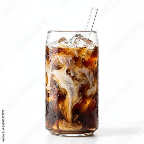 An aesthetic iced latte in a tall glass, showcasing a mesmerizing swirl of milk mixing with dark coffee, accented with realistic condensation droplets on the glass surface.