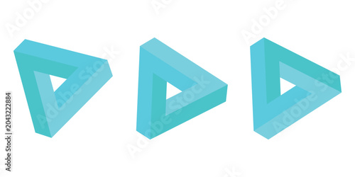 Isometric impossible Penrose triangle on turquoise blue. Confusion, impossibility, imagination and unity of opposites. Flat design. Vector